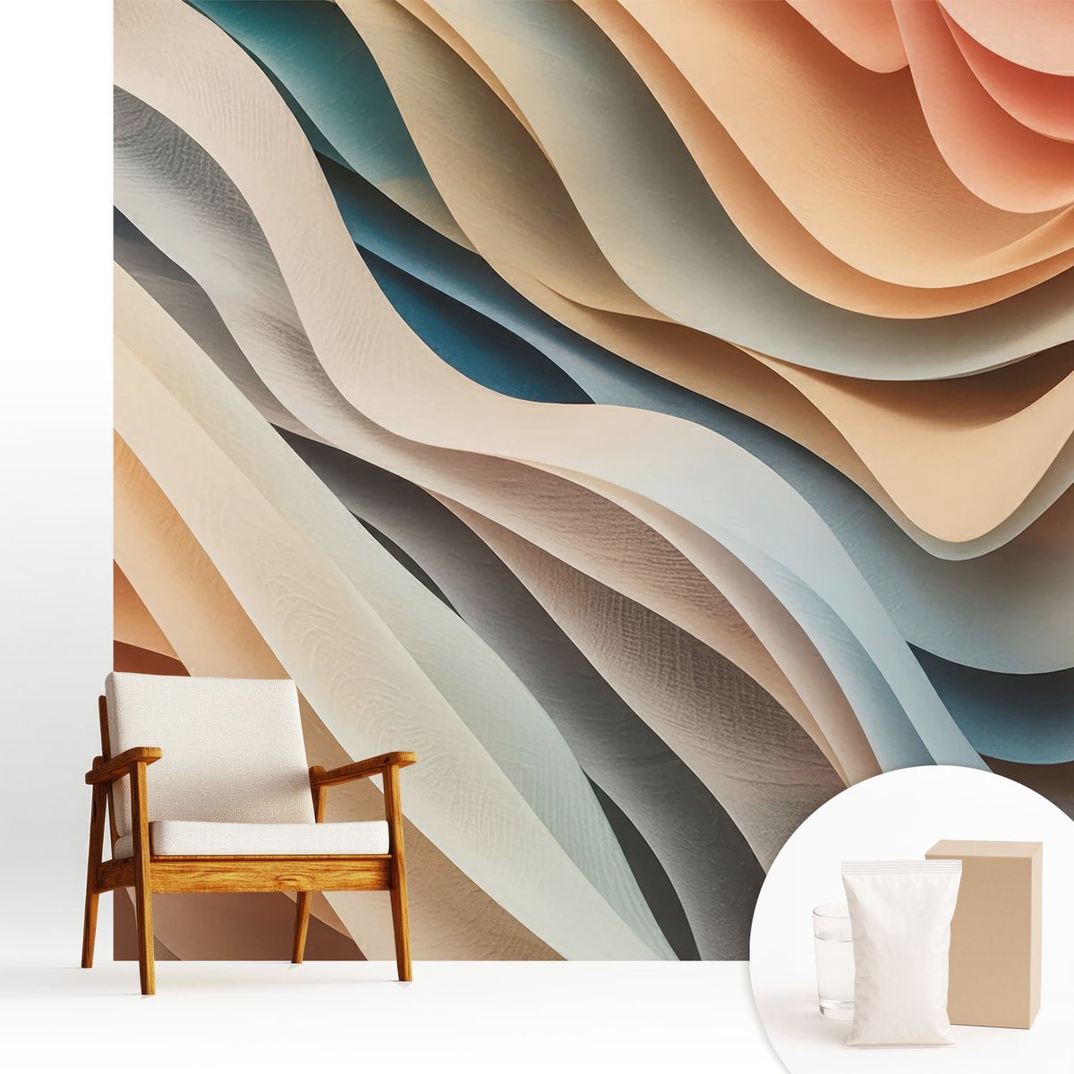 Wallfluent Fotobehang - Beige Vliesbehang - 250x250 cm - Golvende Vormen Fotobehang Vlies - Hal behang Abstractie - Muurschildering - Woonkamer behang