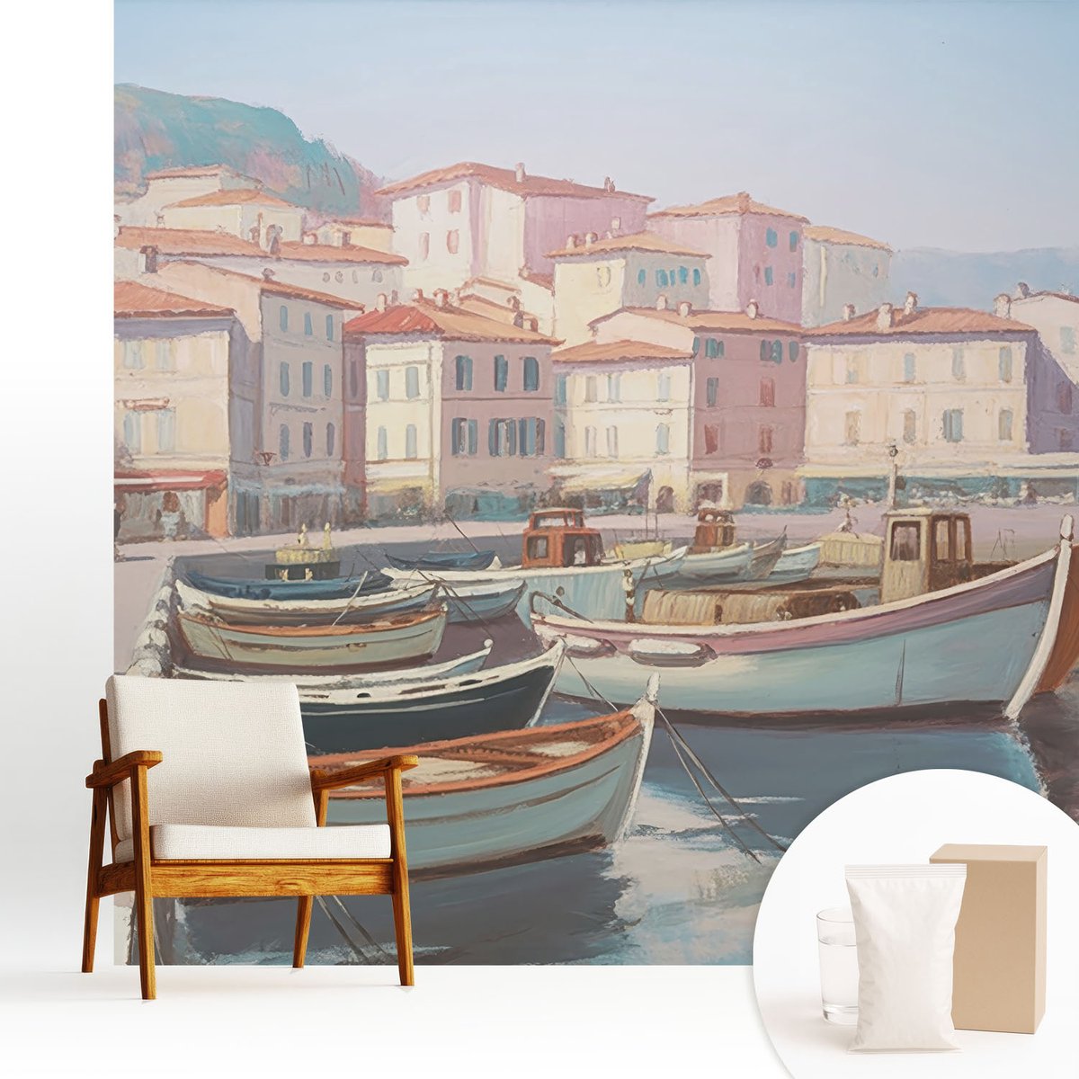 Wallfluent Fotobehang - Beige Vliesbehang - 250x250 cm - Haven Aan Zee Muurschildering - Slaapkamer behang Steden - Fotobehang Vlies - Slaapkamer behang