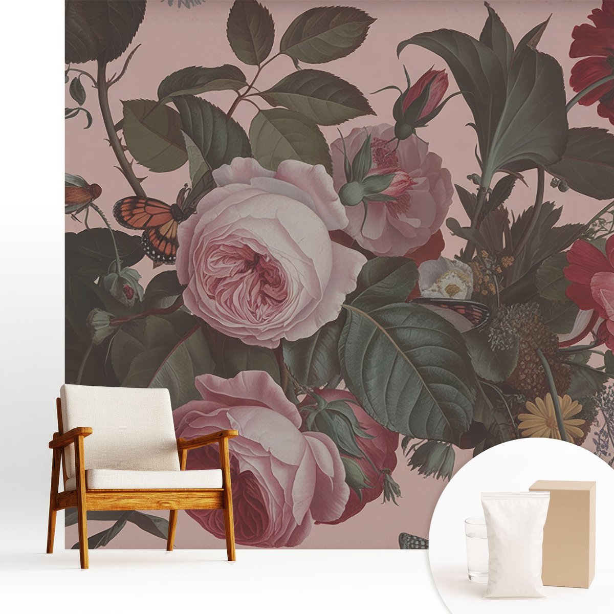 Wallfluent Fotobehang - Roze Vliesbehang - 250x250 cm - Bloemige Elegantie Fotobehang Vlies - Hal behang Bloemen En Planten - Muurschildering - Hal behang