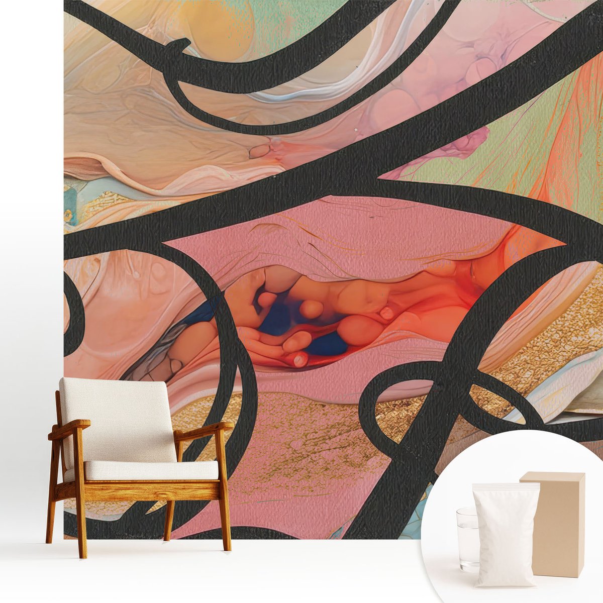 Wallfluent Fotobehang - Oranje Vliesbehang - 250x250 cm - Kleurrijke Beweging Fotobehang Vlies - Woonkamer behang Abstractie - Muurschildering - Hal behang