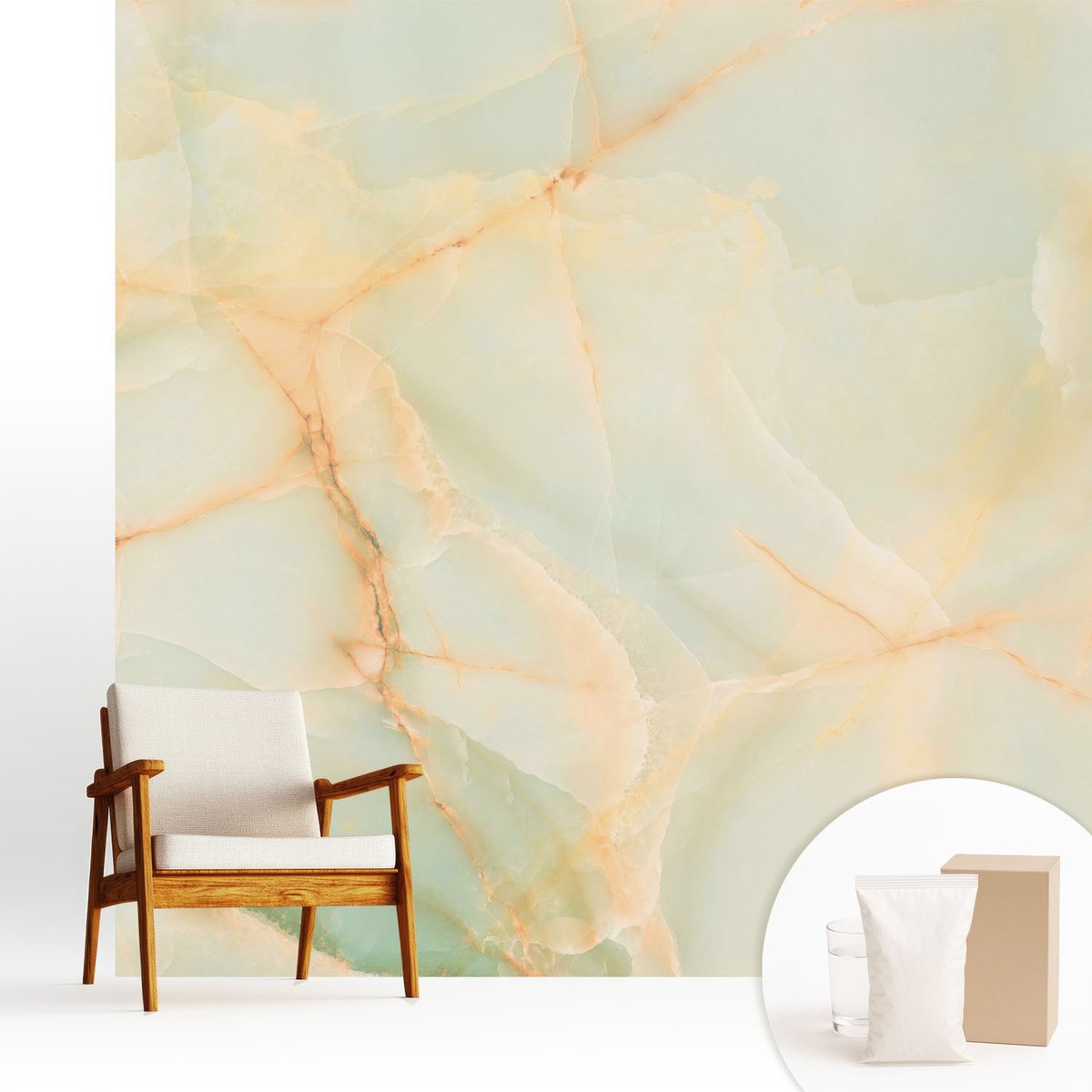 Wallfluent Fotobehang - Oranje Vliesbehang - 250x250 cm - Marmeren Elegantie Muurschildering - Slaapkamer behang Abstractie - Fotobehang Vlies - Slaapkamer behang