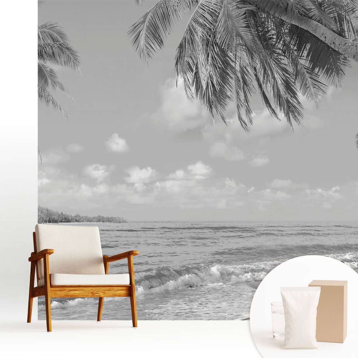 Wallfluent Fotobehang - Zwart-Wit Vliesbehang - 250x250 cm - Tropisch Paradijs Muurschildering - Gang behang Landschappen - Fotobehang Vlies - Slaapkamer behang