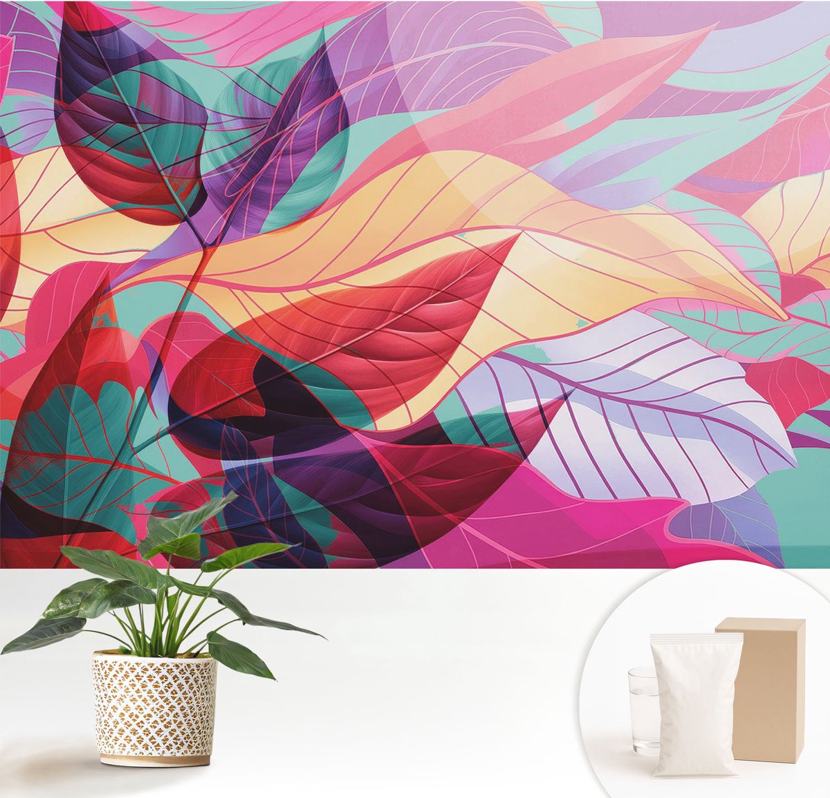 Wallfluent Fotobehang - Zwart Vliesbehang - 152x104 cm - Abstracte Bladeren Fotobehang Vlies - Woonkamer behang Bloemversiering - Muurschildering - Hal behang