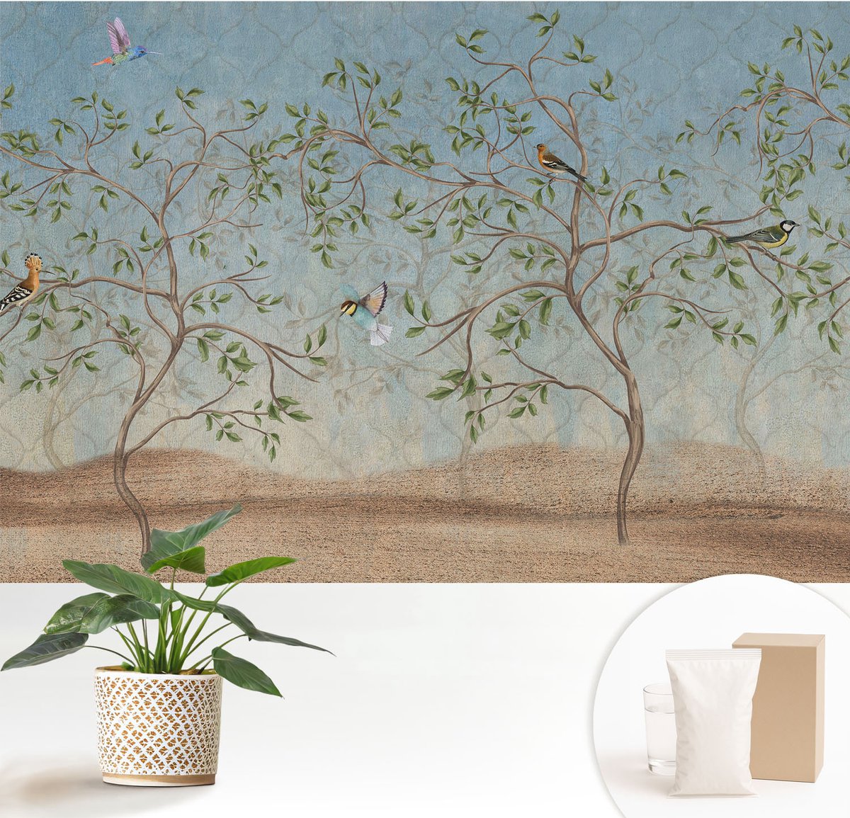 Wallfluent Fotobehang - Grijs Vliesbehang - 152x104 cm - Vogels In De Bomen Fotobehang Vlies - Woonkamer behang Bloemen En Planten - Muurschildering - Woonkamer behang