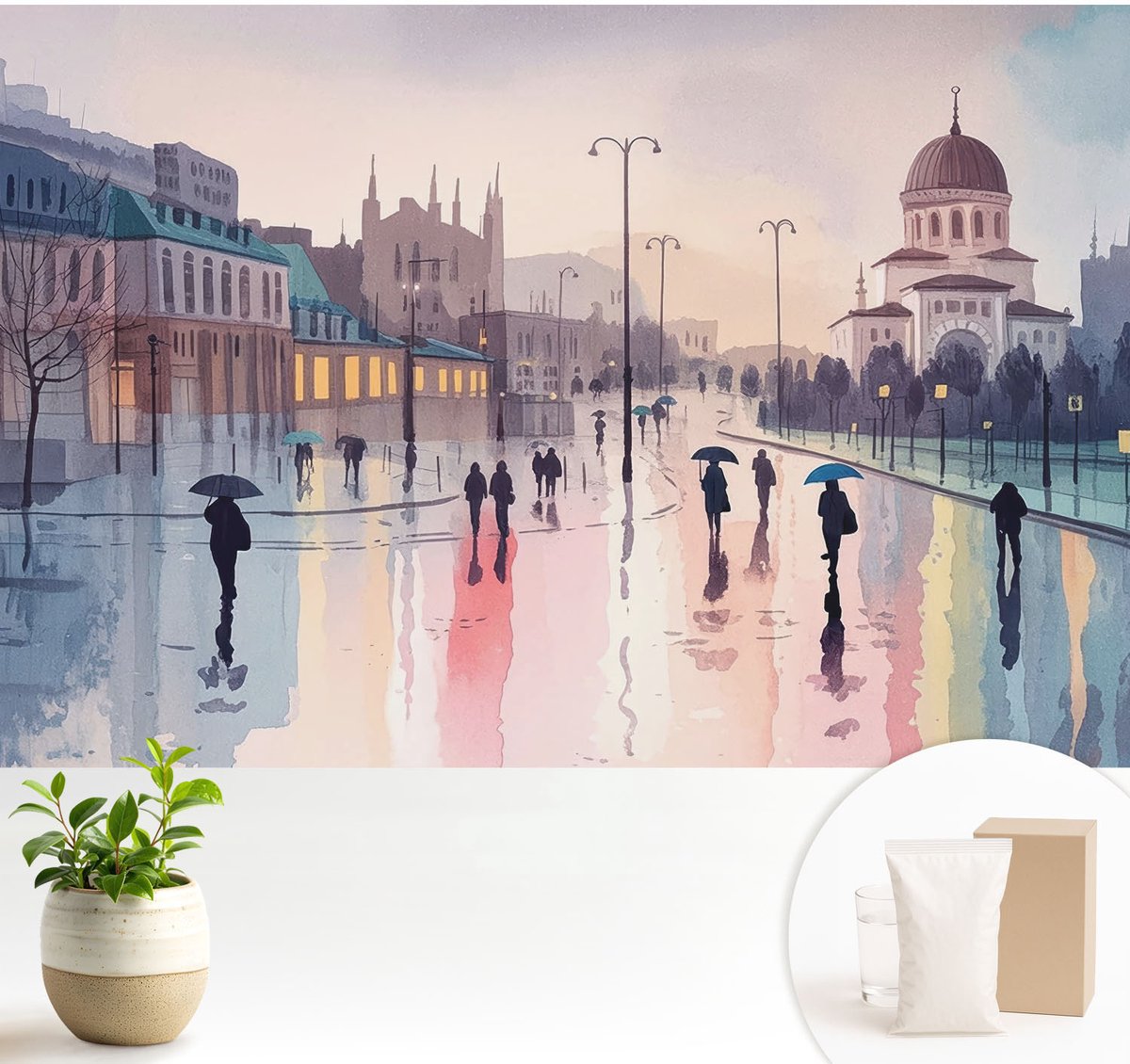 Wallfluent Fotobehang - Blauw Vliesbehang - 104x70 cm - Een Regenachtige Wandeling Muurschildering - Gang behang Steden - Fotobehang Vlies - Slaapkamer behang
