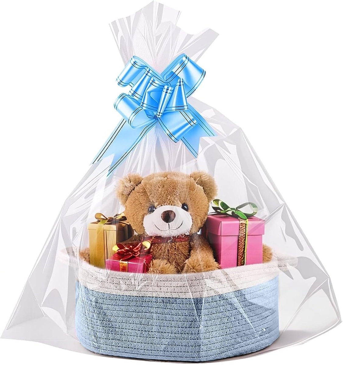 Lege manden met geschenkzakje en cadeaulint (blauw)
