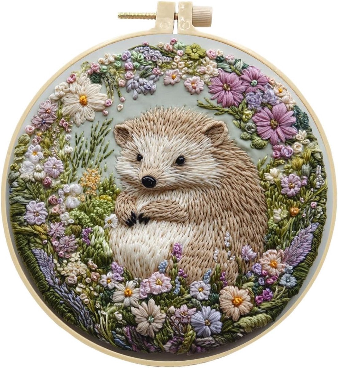 Borduurset voor volwassenen Beginne Dieren Egel in Bloemenkrans DIY Voorgeprint Stofset met Accessoires voor Huisdecoratie (Egel)