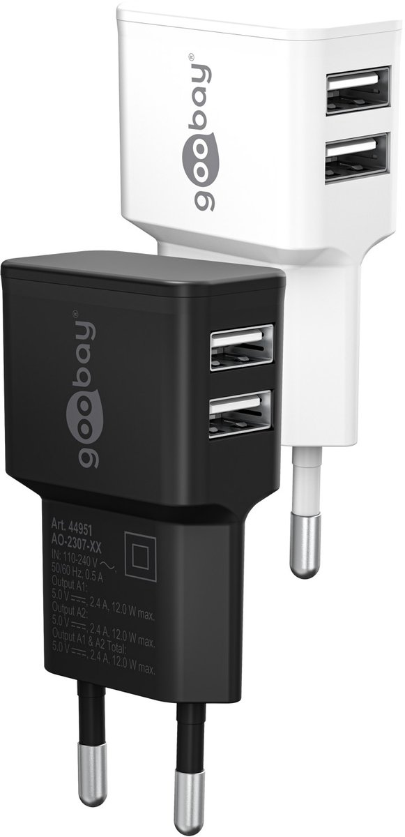 Goobay 12 W USB-A dual oplader zwart, 2x USB-A-poorten, Retail Box