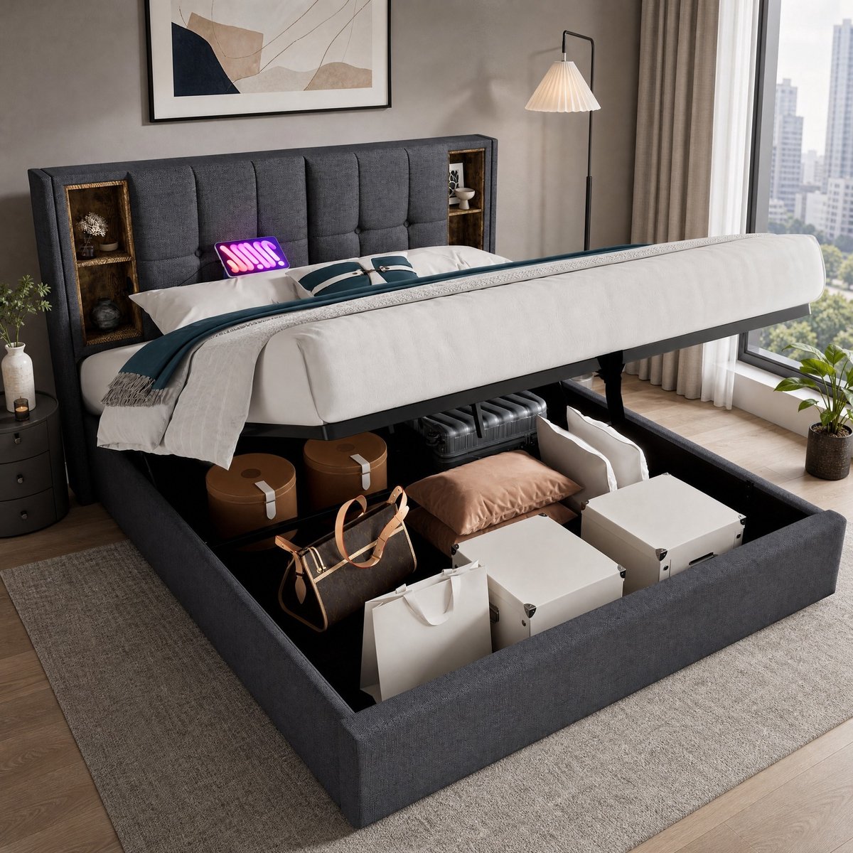 WUVRIE Opbergbed 180x200 cm met draadloos laden, USB en USB-C, lattenbodem en opbergvak, grijs