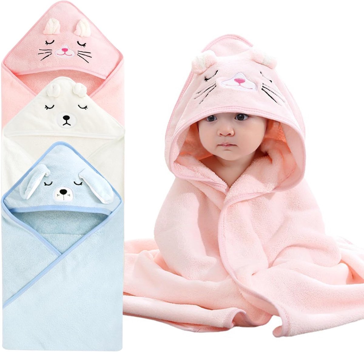 SnelShoppen - Baby Badcape 3 Stuks - Zachte Badhanddoek voor Baby's - Sterke Absorptie - Machinewasbaar - Geschikt voor 0-5 Jaar (80 x 80 cm)