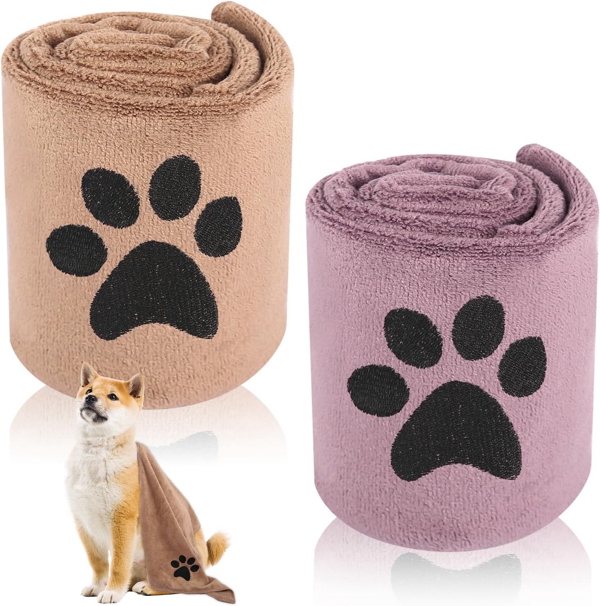SnelShoppen - 2 Stuks Dieren Badhanddoek Hond Towel Extra Absorberend 75x35cm Sneldrogend voor Katten, Honden en Andere Huisdieren (Paars & Bruin)