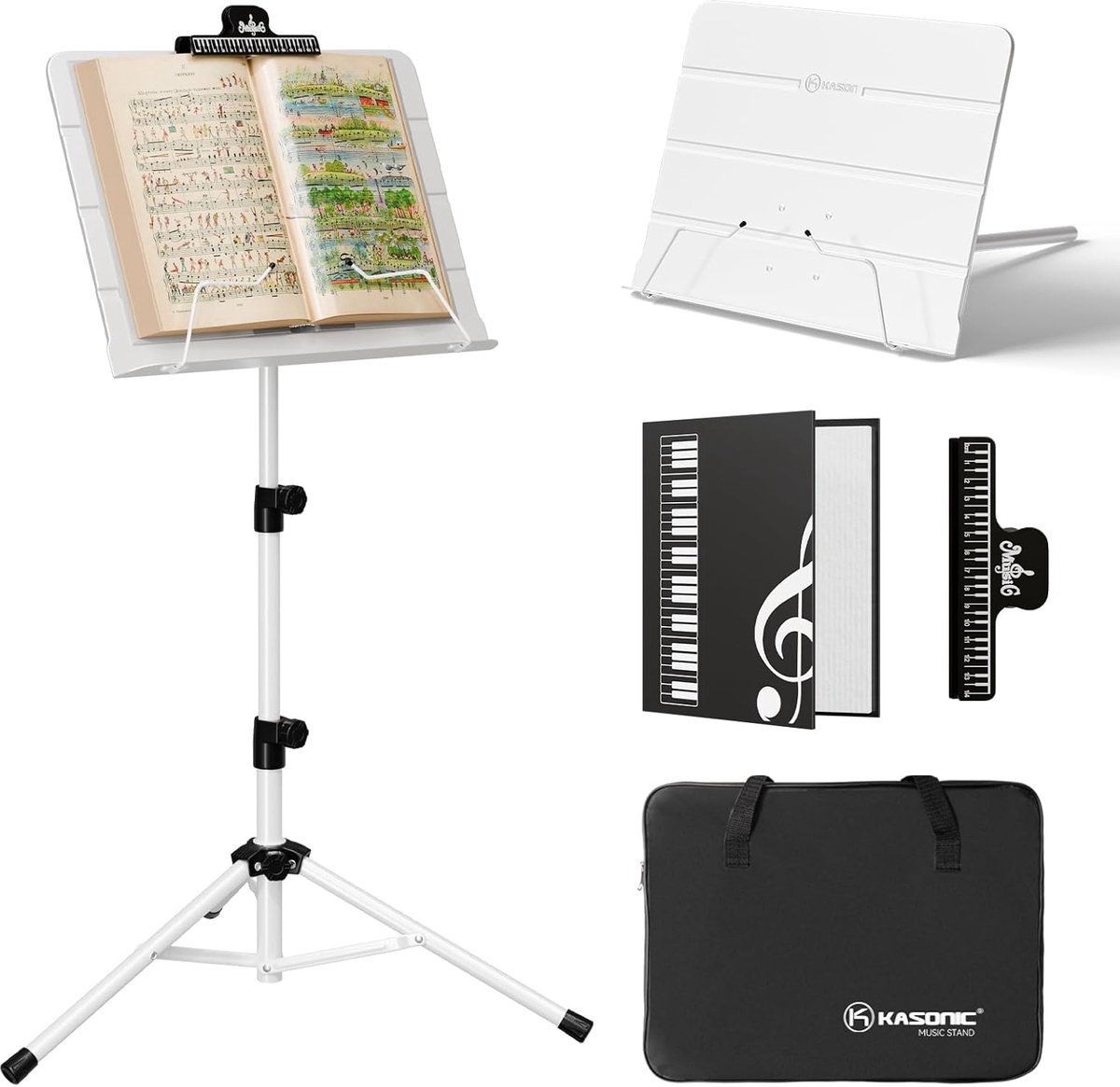 SnelShoppen - Vouwbare Muziekstandaard met Muziekmap - 2 in 1 Collapsible Sheet Music Stand - Verstelbaar van 77-140cm - Tripod voor Optredens - Wit