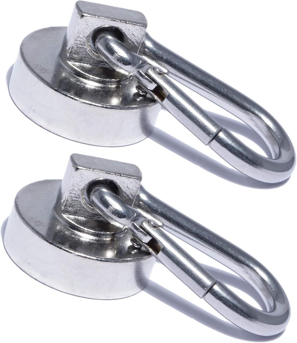 Magneet karabijnhaak - 25 mm - 22 kg - extra sterk - potmagneet platte grijper - oogmagneet met karabijnhaak - magnetische haak - magneethaak koelkast werkplaats [2 stuks]