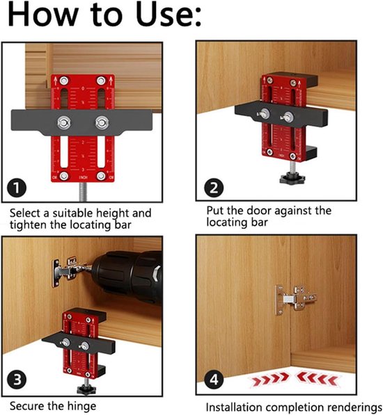 Kastdeurinstallatie-positioneerder Montagemal, Aluminiumlegering Punch-locator met Verstelbare Steunarm en Klem, voor Het Installeren van de Meeste Kastdeuren — afbeelding 2