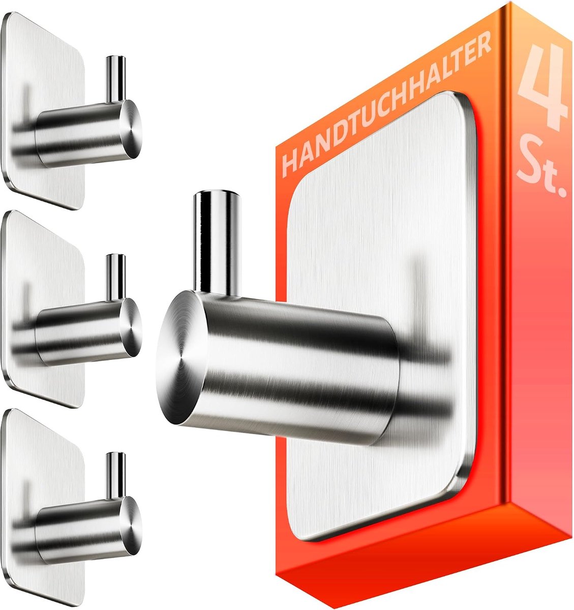 4smile Handdoekhouder zonder boren, set van 4 in zilver, roestvrij staal, voor badkamer, kleefhaak met goede draagkracht, zelfklevende haak, waterdichte haak als handdoekhaak voor badkamer, keuken