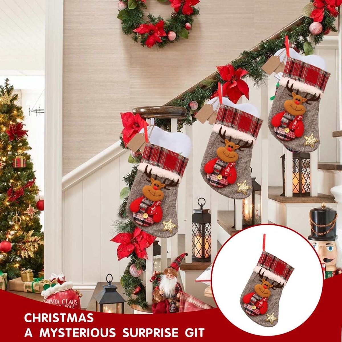 Kerstkous om op te hangen, kerstcadeauzakje 22 x 15 cm met rendier, decoratie voor open haard en trappen, kerstkous voor snoep en familiefeesten