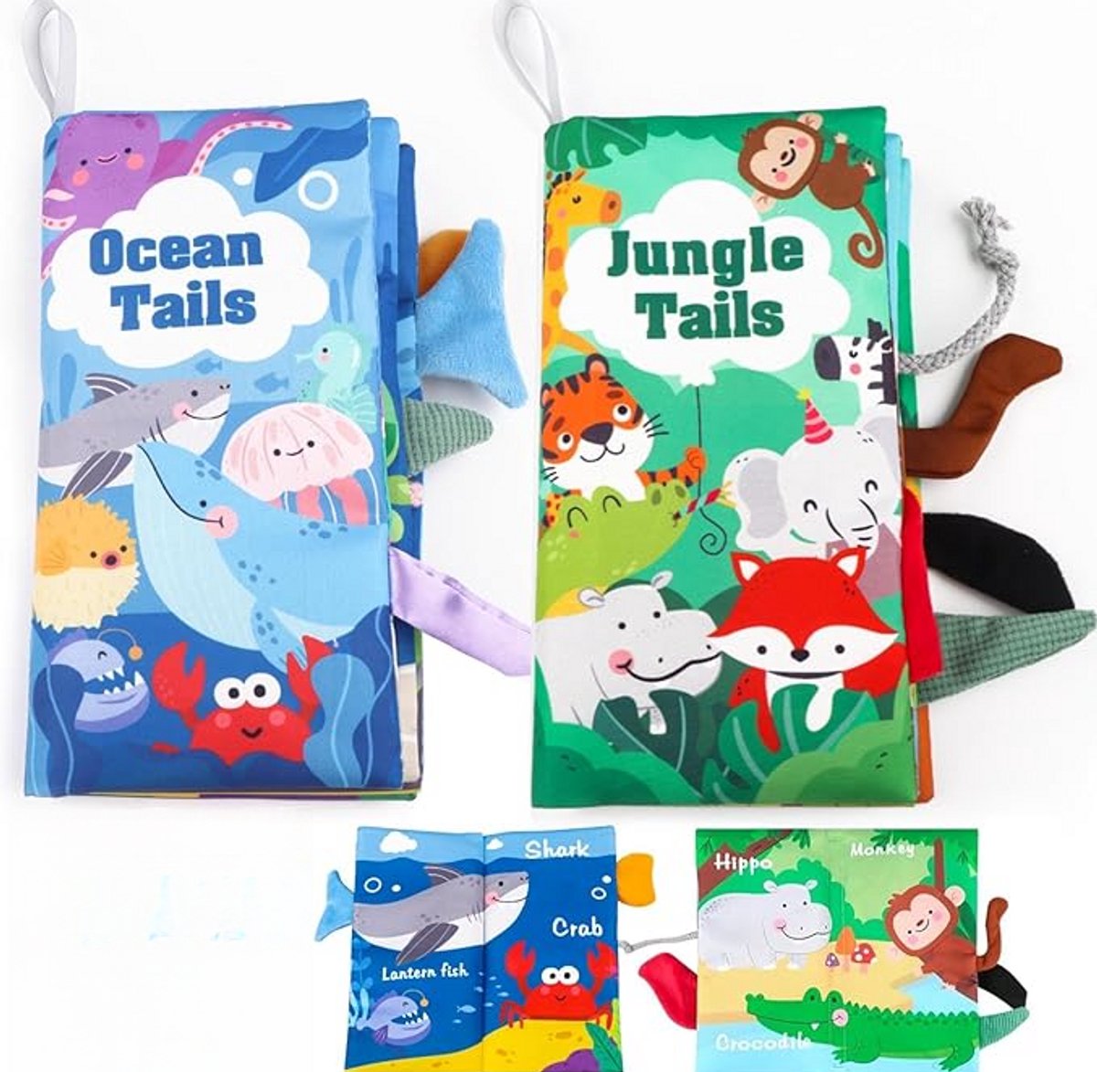2-delig stoffen babyboekje (kreukelboekje, dierenstaartjes-aanraakboekje, sensorisch boekje, educatief speelgoed voor 0-6 maanden) 2-delig sterrenvormig bijtspeeltje voor baby's, geschikt voor jongens en meisjes