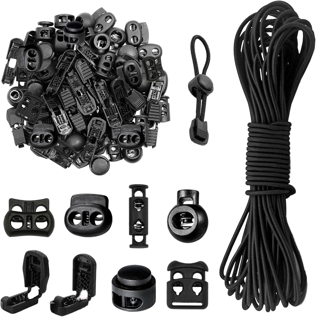 Elastisch touw, 10 m, 3 mm, elastische draad, met 20 koordstoppers + 60 koordstoppers, 2 gaten, rond elastisch elastiek voor trekkoord, rugzak, kleding, schoenen