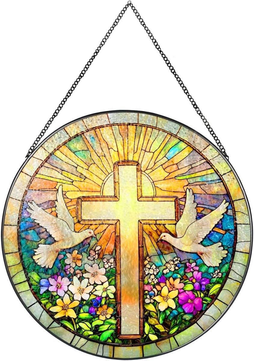 Geschenken, raamdecoratie, hangend met kruispatroon, 20 x 20 cm, gevlochten glas, hangdecoratie, religieuze wanddecoratie voor kerk, woonkamer, kerstvrienden, zonnevanger, kristal