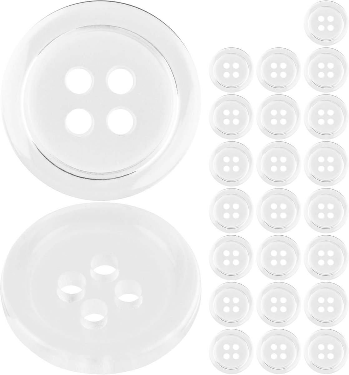 Knopen voor kleding, 24 stuks, 4 gaten, Ø 15,2 mm, transparant, polyester, maat 24L, harsknopen voor jas, mantel, overhemd, poloshirt, doe-het-zelf knoop kunsthars, wasknopen, basisknopen