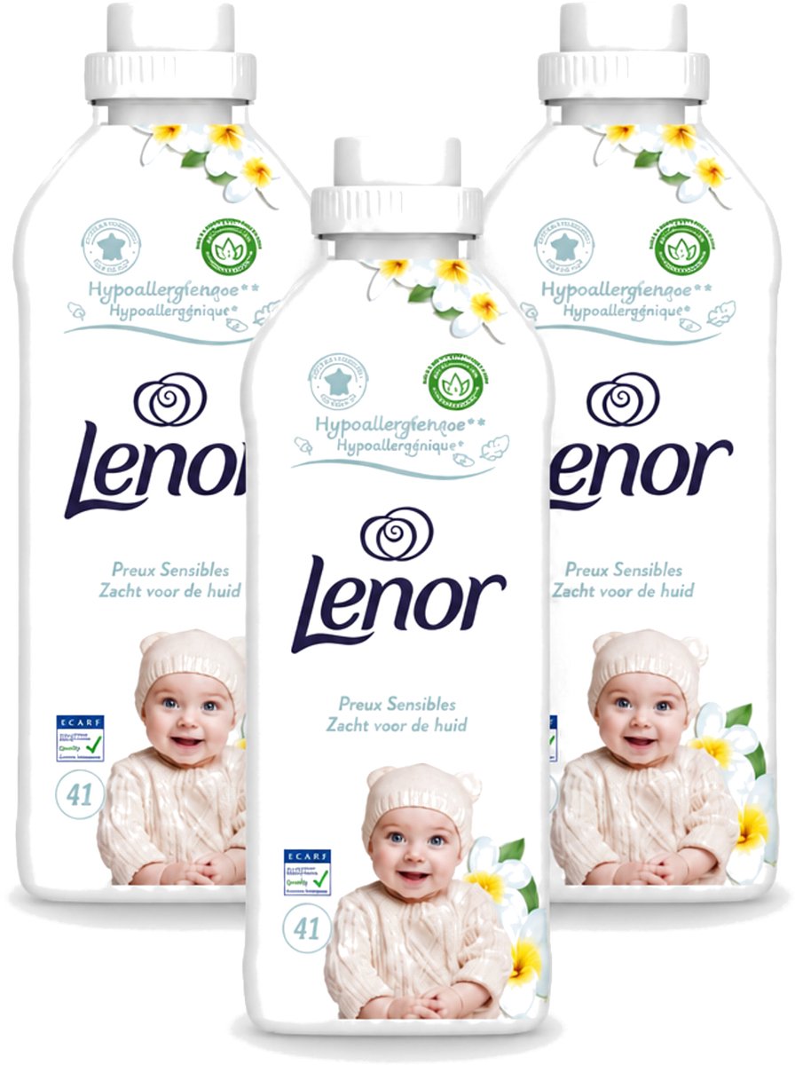 3 x Lenor - Wasverzachter - Gevoelig - Milde Geur - 41 Wasbeurten - Voordeelverpakking - 3 stuks
