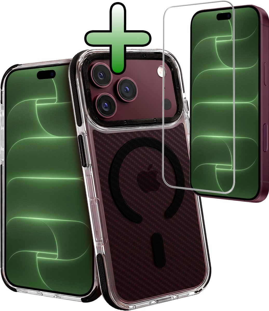 Hoesje Met Screenprotector - Geschikt voor Apple iPhone 18 Pro - Magsafe Compatible - Carbon Look - Sterk & Shockproof - Back Cover - Shock Proof Case - Telefoon Hoes - Zwart