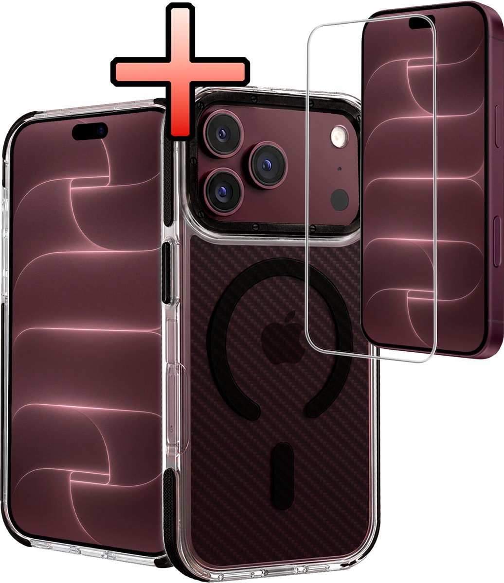 Hoesje - Met Screenprotector - Geschikt voor Apple iPhone 18 Pro Max - Magsafe Compatible - Carbon Look - Sterk & Shockproof - Back Cover - Shock Proof Case - Telefoon Hoes - Zwart