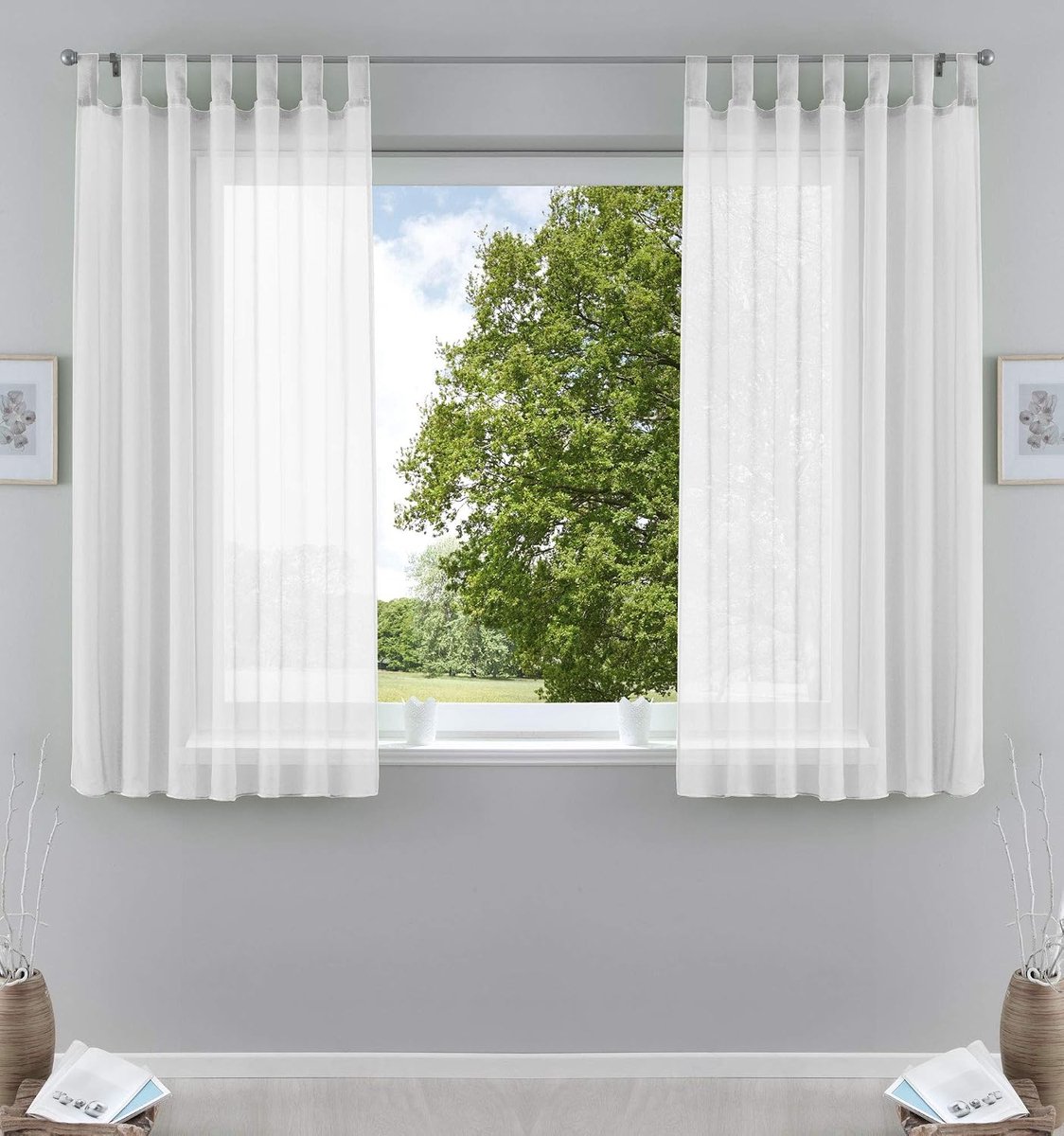 Set van 2 gordijnen, transparant, voor woonkamer, voile, lusgordijn met loodband, H x B 175 x 140 cm, wit, 61000CN