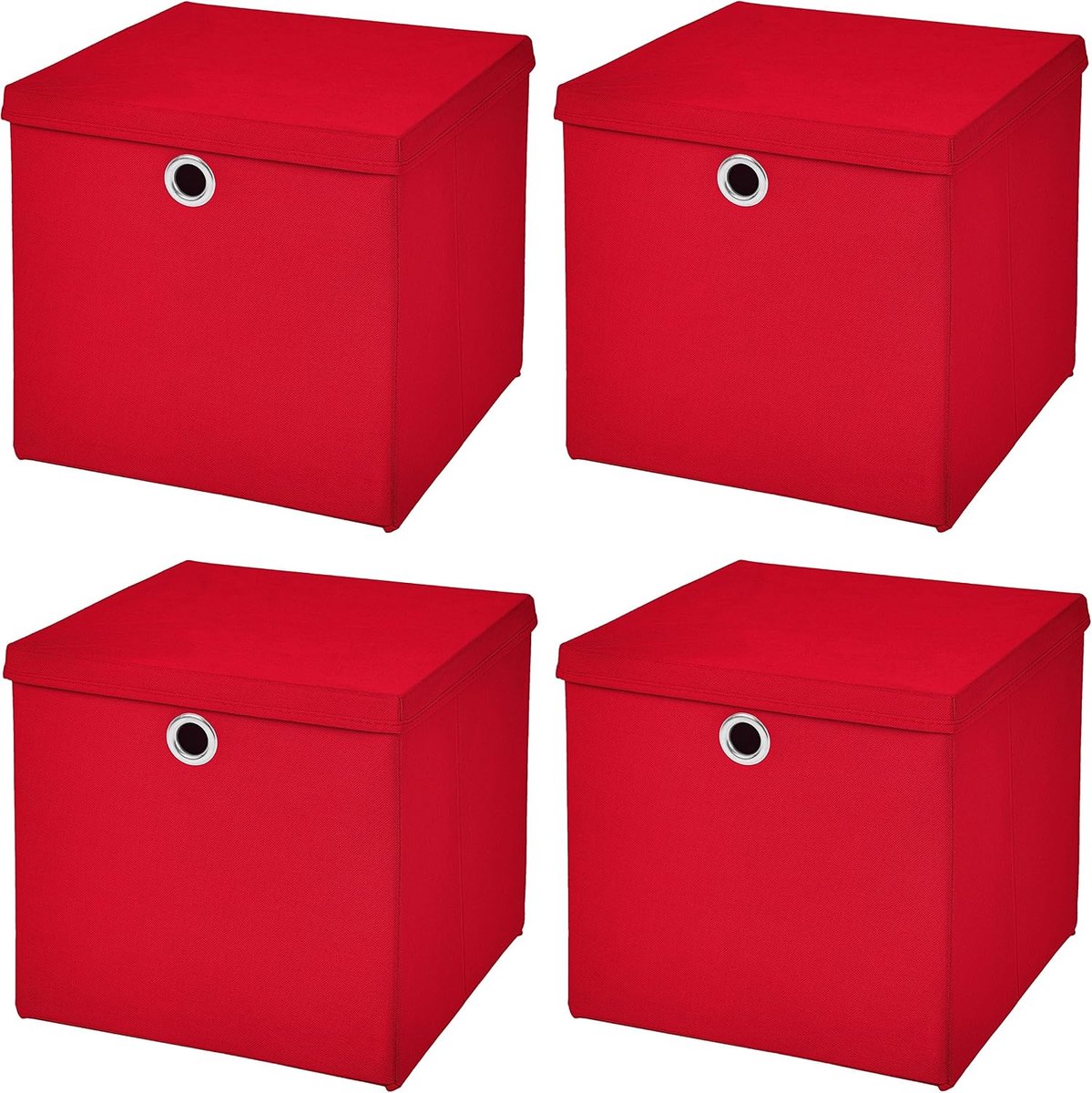 Set van 4 rode vouwdozen, 28 x 28 x 28 cm, opvouwbare opbergbox met deksel