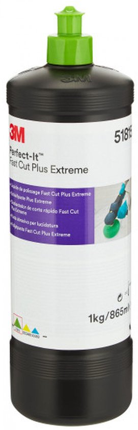 Zwarte fles met groene dop. 3M Perfect-It Fast Cut Plus Extreme 1kg/865ml.