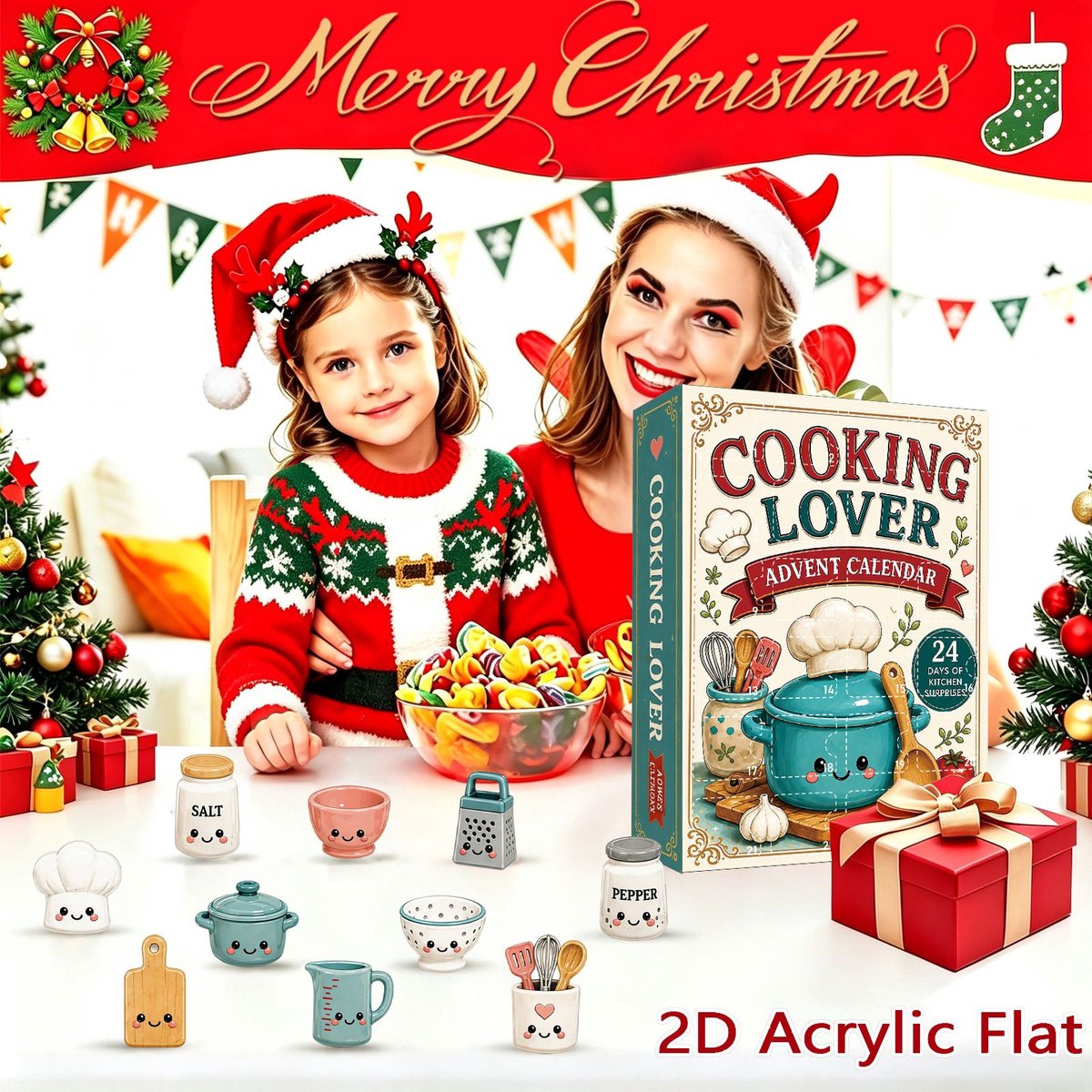 Kookliefhebber adventskalender 2026- 24 stuks schattige 2D acryl hangornamenten met keukengerei‑motieven- 24‑daagse aftelkalender voor kerstboomversiering en leuk cadeau voor kookfans – foto 3