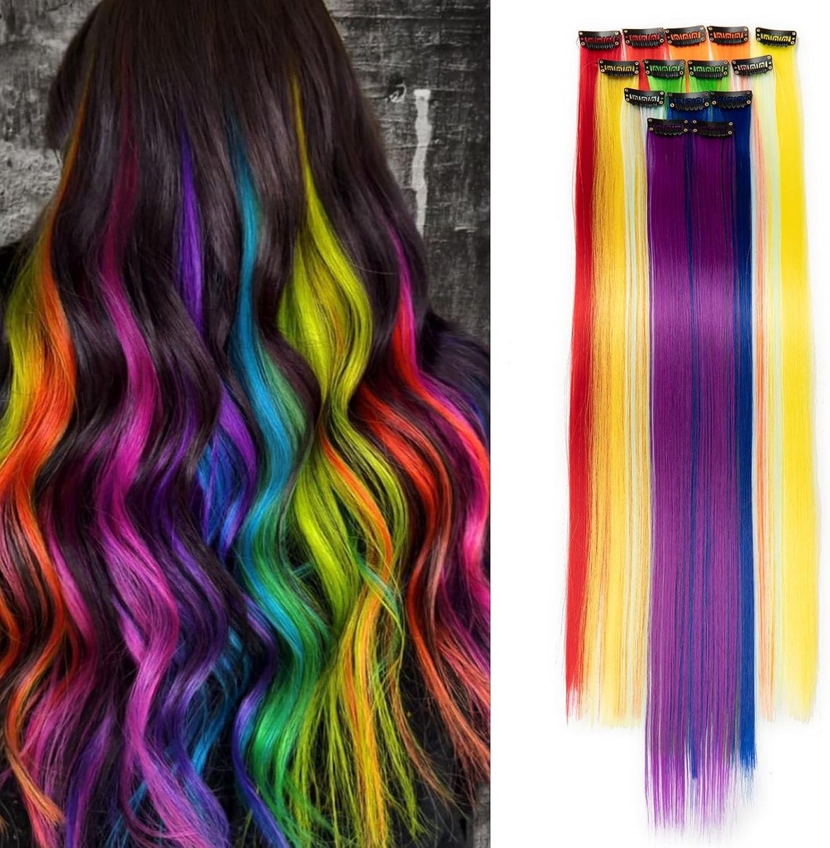 Kleurige Haarstrengen voor Kinderen van 55 cm - Regenboog Synthetische Haarverlengingen en Clip-in Haaraccessoires voor Creatieve Haardosjes