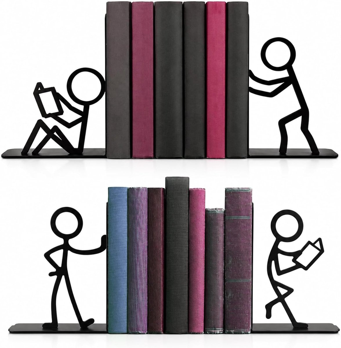 Boekensteun - Set van 4 - Metalen boekensteun - Decoratieve Metalen Boekensteunen - Boeksteun - Book Holder - Boekenhouder - Boekenrek - Decoratieve Luciferfiguur Design voor Boekenplank en Bureau - Plank Organizer - Boekenstandaard -Zwart - TENGYIF®