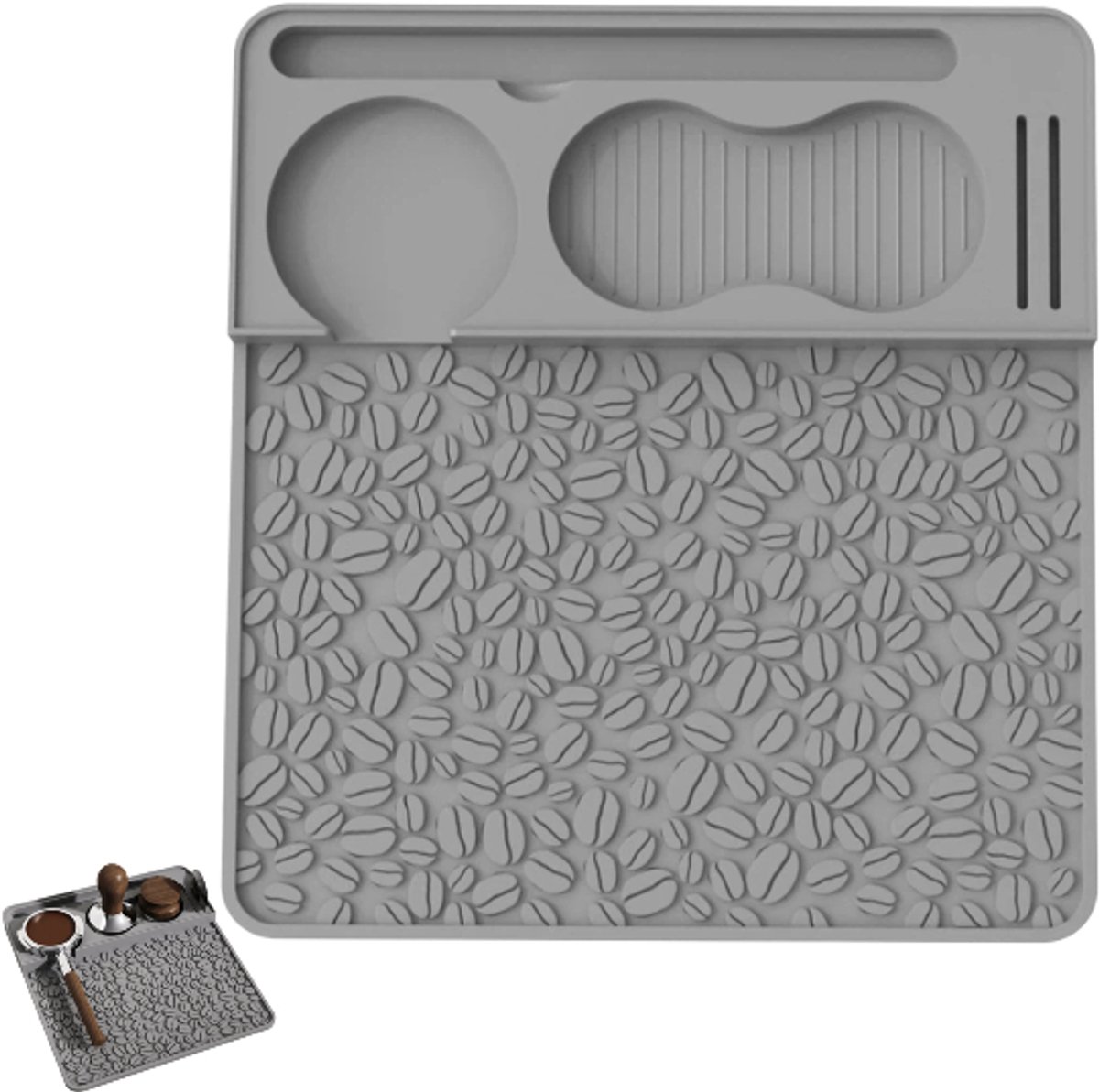 1 stuk - Siliconen koffiestampermat - Barmat met opstaande randen - Hoekmat - Stamperbakje - Opbergmat - Stampermat - Hoekstampermat - Antislip - Grijs - 25,9 cm * 24 cm * 10 mm - Geschikt voor het zetten van koffie