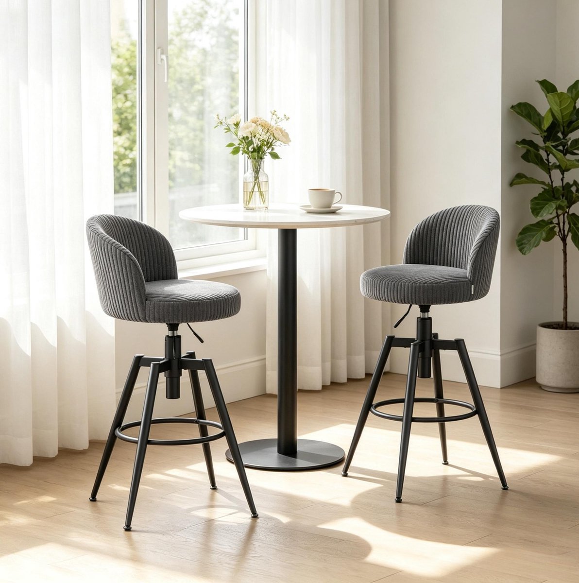 REDOM - Barkruk - Draaibaar en hoogte verstelbaar - Met rugleuning en voetenring - 4-poots metalen onderstel - Modern - Ribstof - Grijs - 42 x 80-87,5 x 42 cm