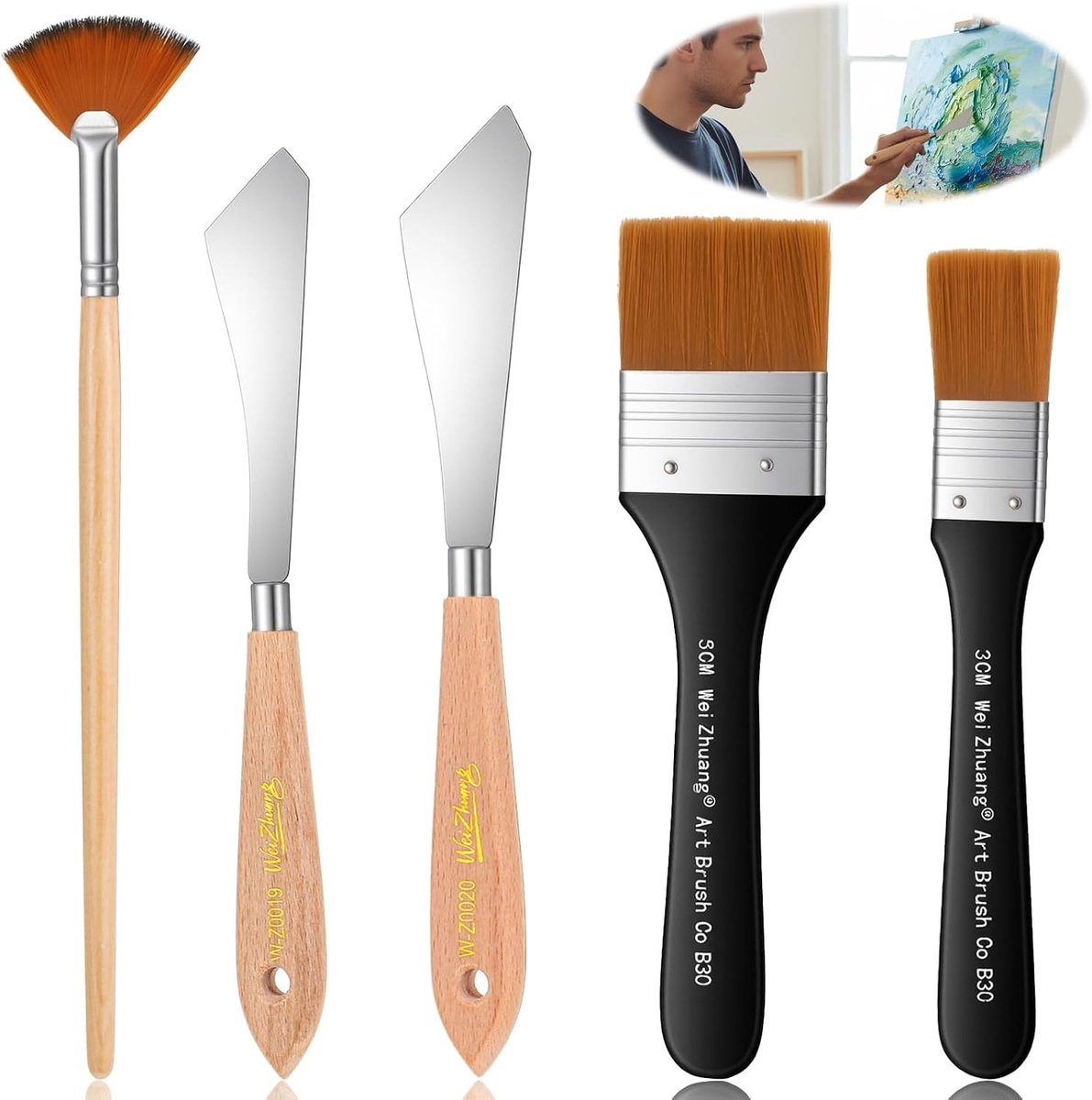 Set van 5 Spatels en Acrylkwasten, Rvs Spatula's en Diverse Kwasten voor Acryl, Olie en Aquarel Schilderen, Creatieve DIY Projecten en Sjablonen