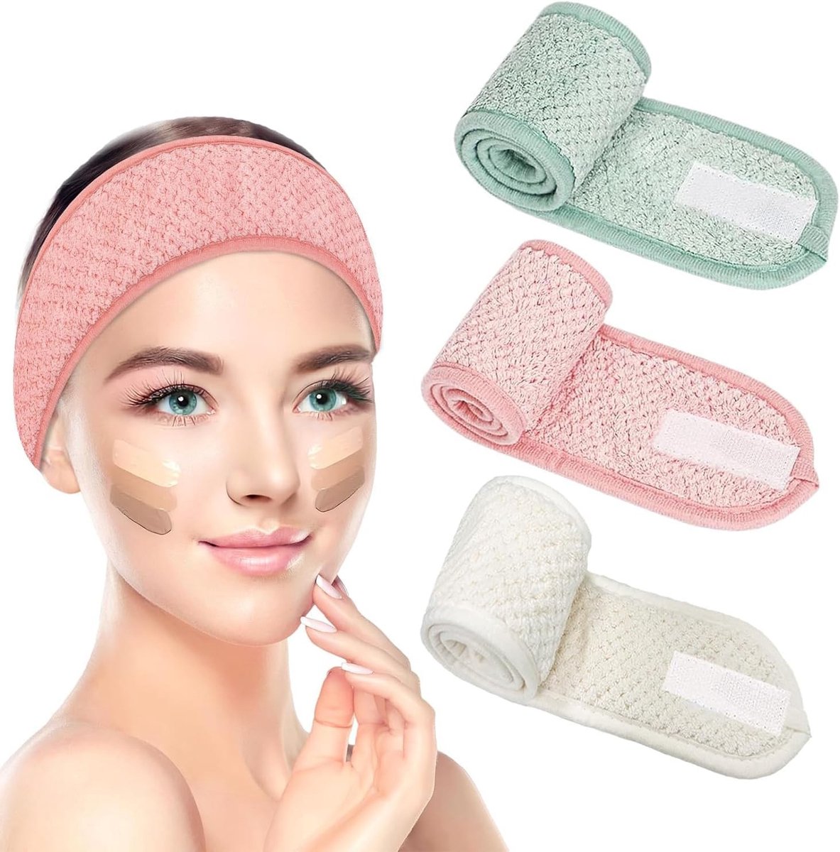 3-Pack Dames Spa Band - Ultra Zachte Coral Fleece Make-up Band voor Gezichtsreiniging, Yoga en Douche (Lichtgroen, Roze, Wit)