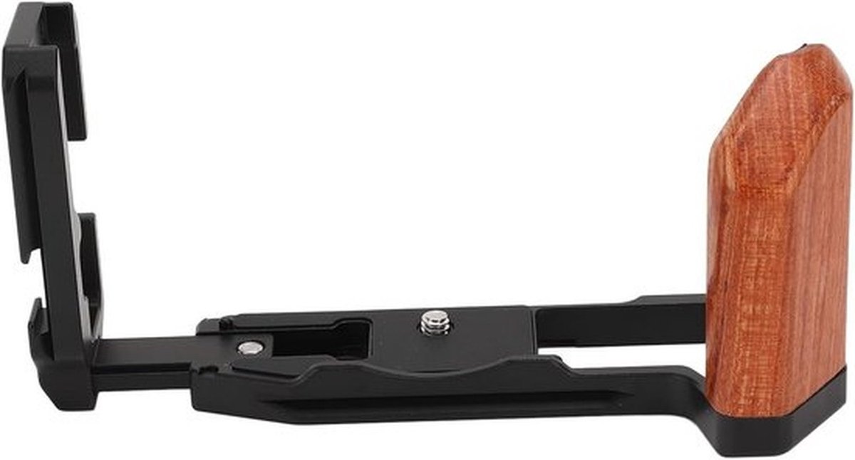 L-vormige camera bracket met snelontgrendeling, houten handgreep, geschikt voor DSLR en X-T5 camera's, horizontale en verticale positie schakeling