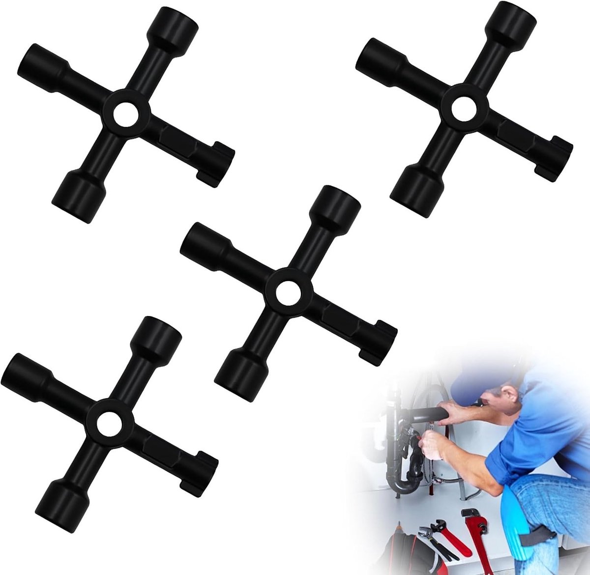 Sleutelset loodgieter - Zinklegering - 7,2 x 7,2 x 1,3 cm - 4-weg multifunctionele universele sleutels - Voor onderhoud en technische toepassingen