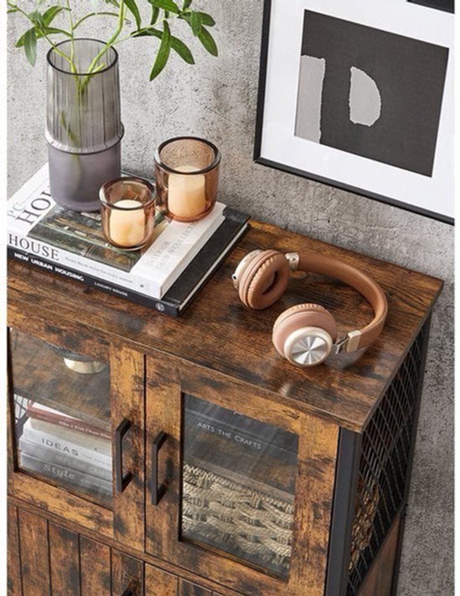 Badkast – Wijnkast – Barkast – Opbergkast – Drankkast – Industrieel Design – Verstelbare Plank – Stalen Frame – 60x30x108 cm – Vintage Bruin-Zwart