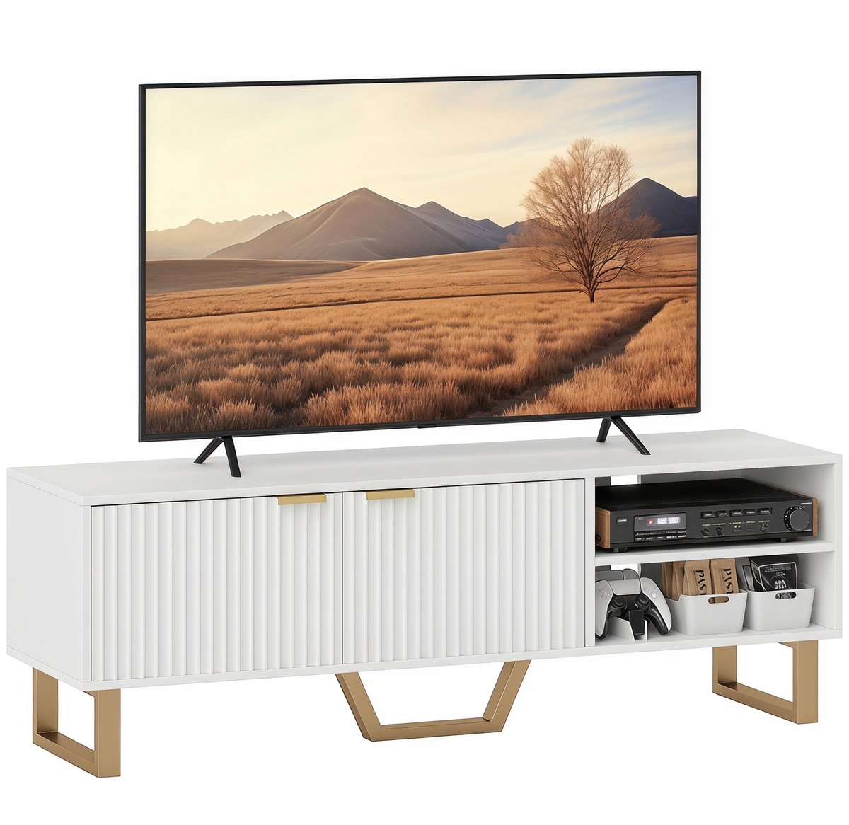 TEKROA® Tv-meubel/bank - voor tv's tot 70 inch - kast met 2 geribbelde deuren - open vak en kabelbeheer - 140l x 39P x 47H cm - wit