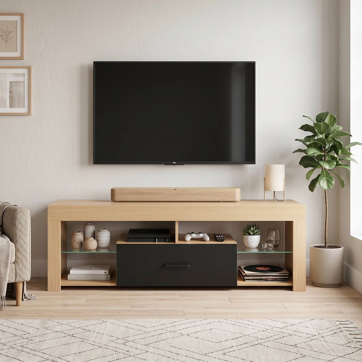 TEKROA® TV meubels - 140 cm tv-meubel - tv-kast voor 65 inch tv's met verstelbare glazen planken - lade en open vakken - 140x40x45cm - bruin