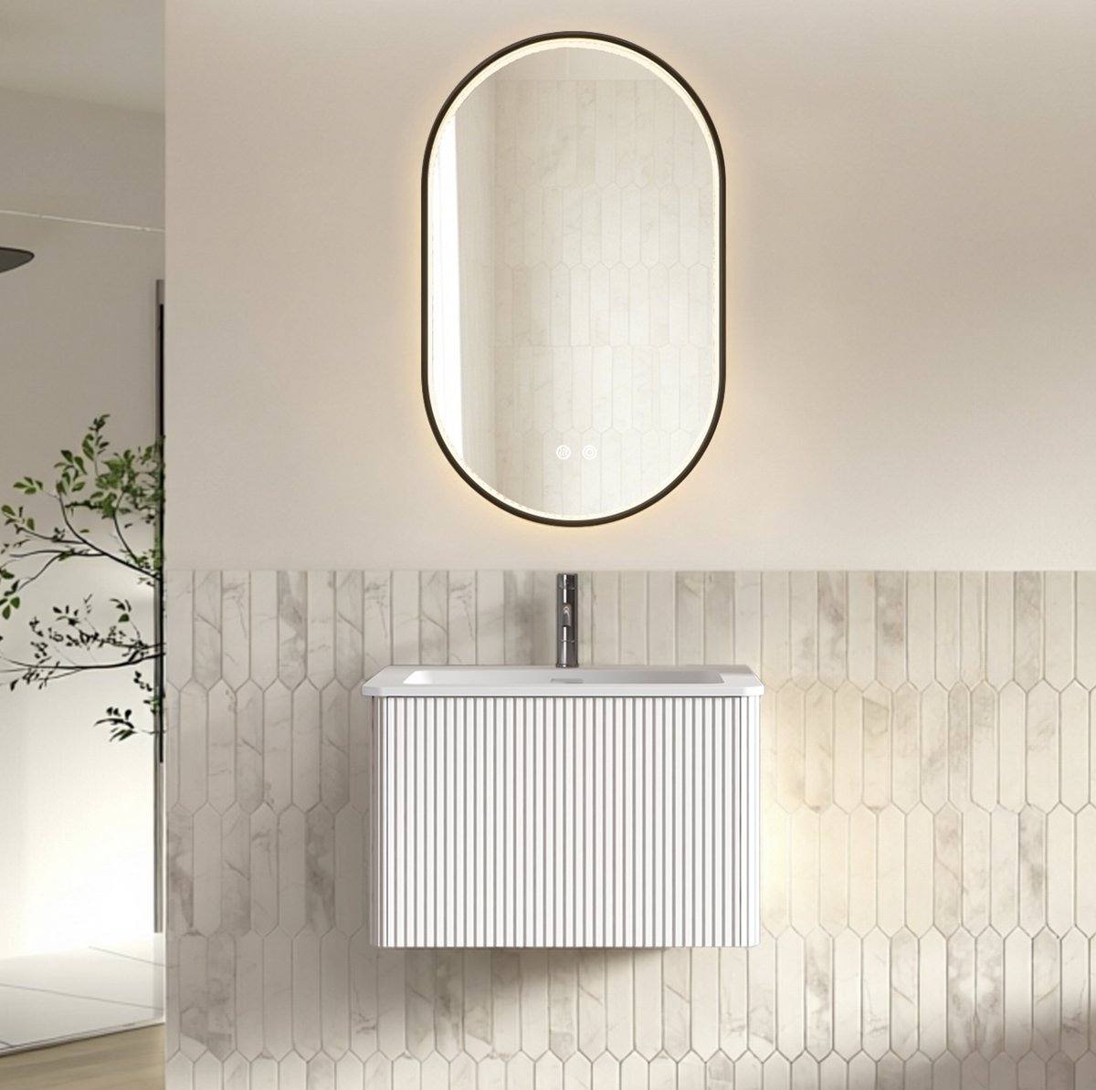 MIVRAY Badkamermeubel Met Led Spiegel En Lade Wit Wandhangend Met Kunststenen Wastafel Voor Kleine Badkamers