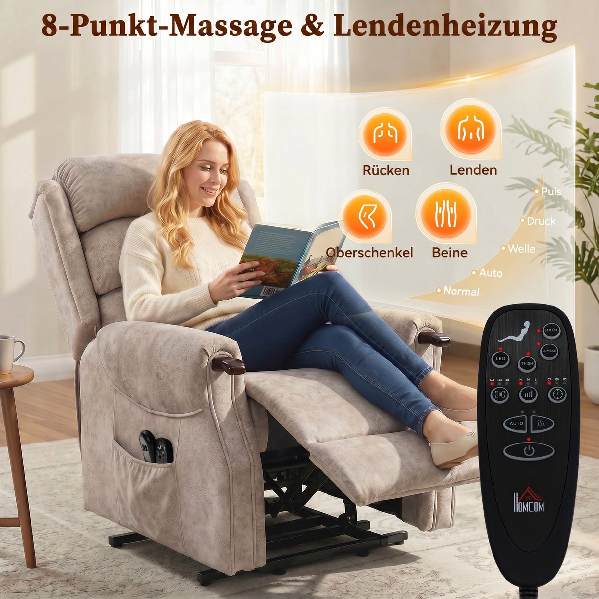 HOMCOM elektrische sta-op relaxfauteuil met massage en verwarming - Tv-fauteuil, relaxstoel, sta-op-stoel - Lichtgrijs – foto 8