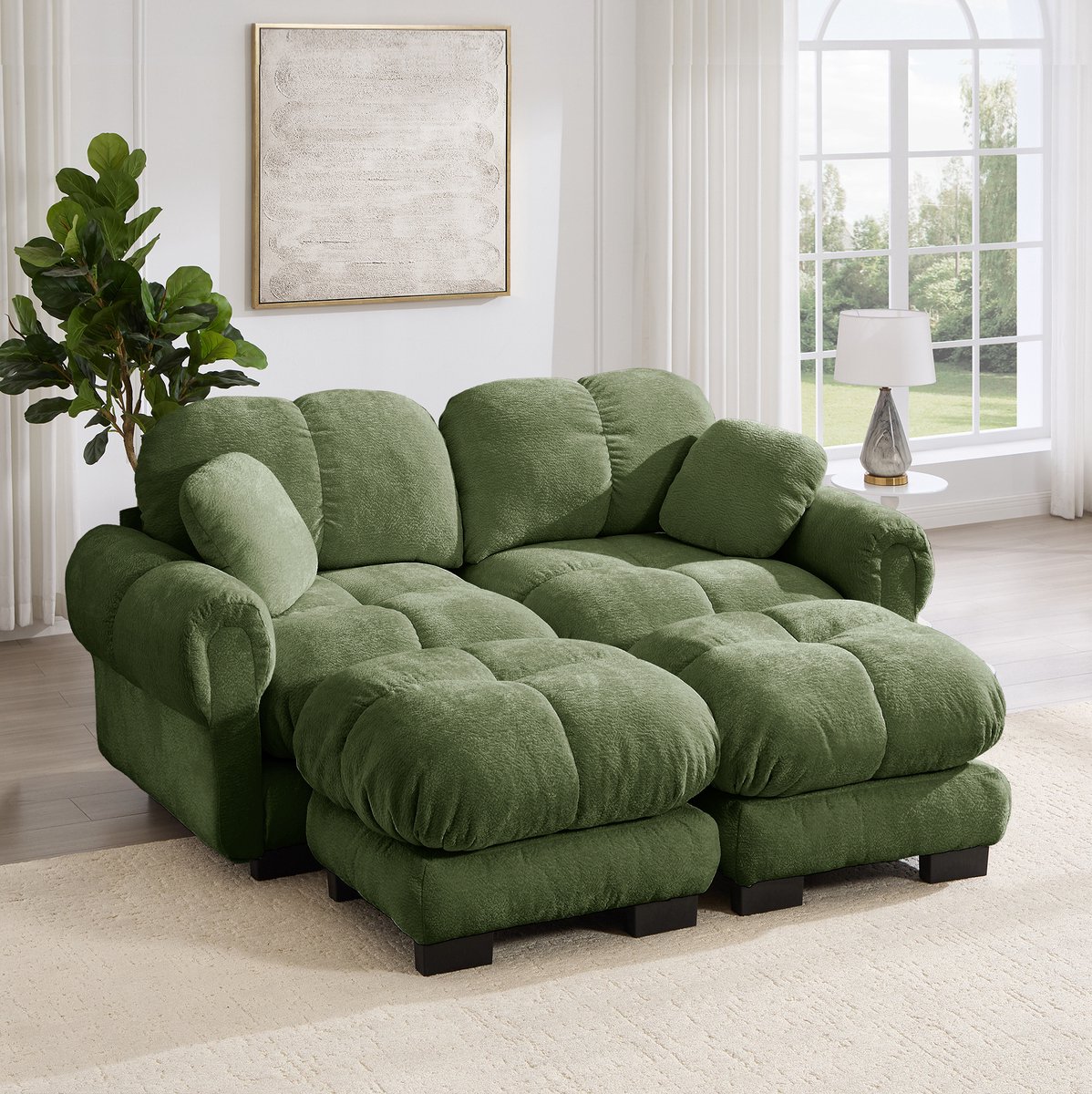 Wishdor U-bank - Tweezits modulaire opstelling - Met verplaatsbare ottomaan en gestikte zitkussens - Elegant design - Woonkamer - Chenille - Groen - 190 x 149 x 90 cm