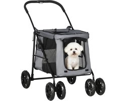 PawHut Hundewagen, faltbarer Hundebuggy, Hundetrolley mit Kissen, Katzenbuggy bis 20 kg, Katzenwagen für kleine und mittelgroße Hunde mit Seitentaschen, Netzfenster, Oxford-Gewebe, Grau