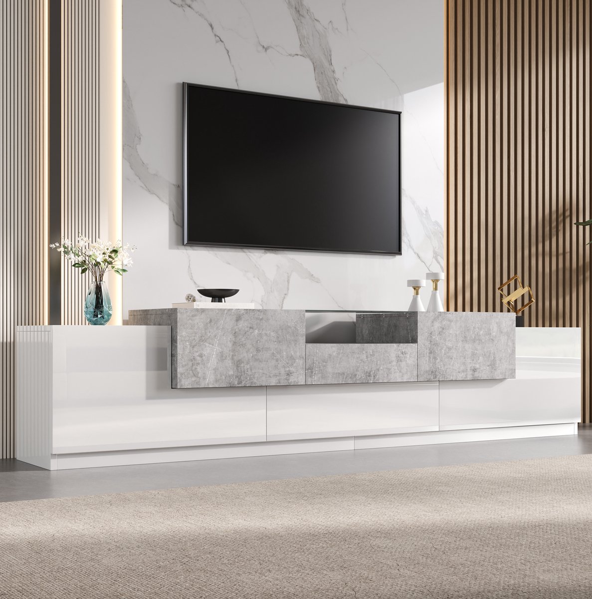MODENUIT TV Meubel - Hoogglans Wit En Grijs - Met Glasplaat En Kabeldoorvoer - Woonkamer - 200x33x48,5 Cm