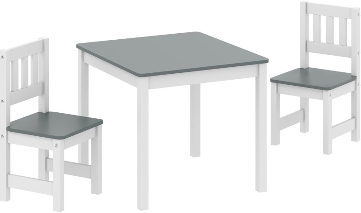 MODFU - Kindertafel Met 2 Stoelen - 3-Delig - Rugleuning - Hout - Grijs - 56 X 52 X 48 Cm