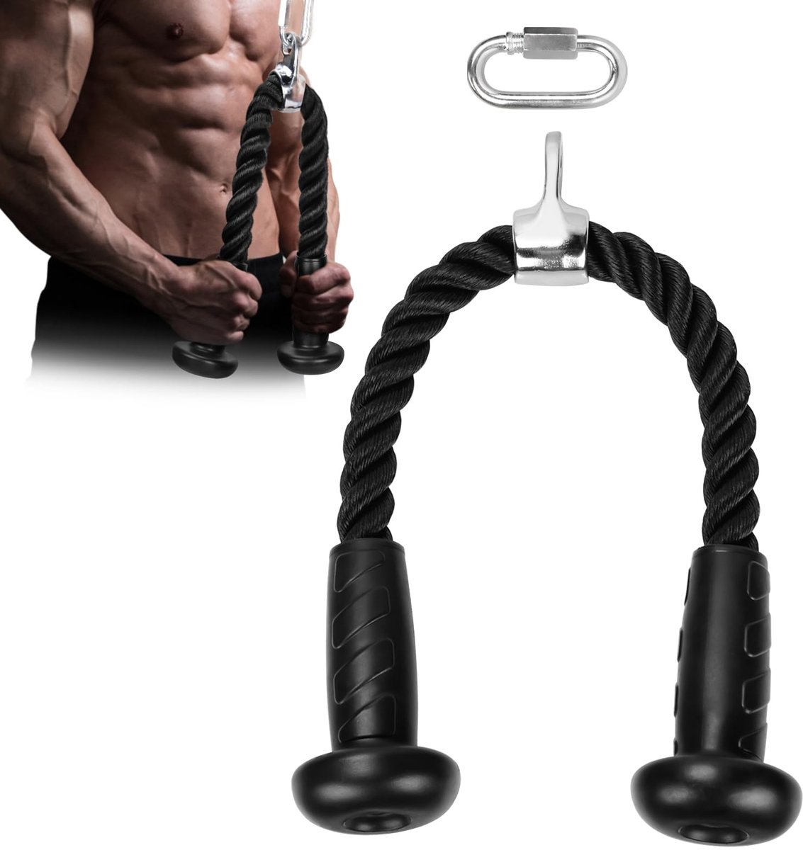 Triceps Touw - Met antislip rubberen handvatten - Voor Triceps Training en Spieropbouw - Compatibel met Kabeltrekapparaat, Lat Pulldown en Thuisapparaten - RVS 304 en Nylon