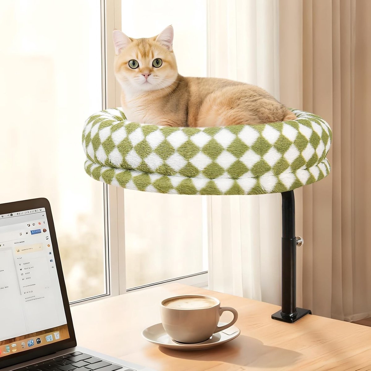 Cat Desk Crib 360° Rotatable en Verstelbare Hangmat voor Katten met Klem, Geschikt voor Binnen, Tot 18 kg, Wasbaar en Comfortabel (Groen)